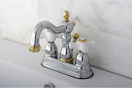 Kingston Brass KB1604PX Heritage 4-Inch Centerset Lavatory Faucet with Porcelain Cross Handle, Polished Chrome and Polished Brass