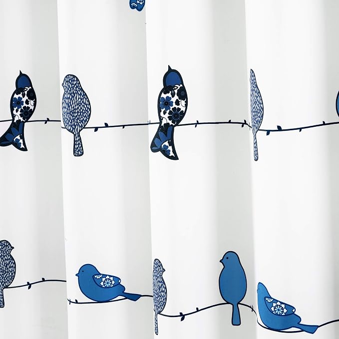 Lush Decor Rowley Birds Shower Curtain, 72” W x 72” L, Navy - Colorful Floral Bird Pattern - Whimsical & Playful Bird Shower Curtain - Farmhouse, Coastal, & Boho Bathroom Decor (Pack of 6)