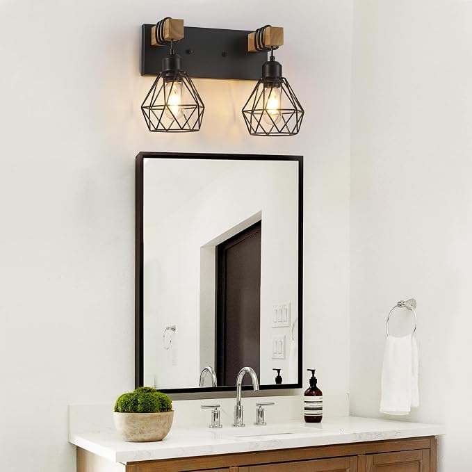 maesta 3 Light Bathroom Vanity Light, Farmhouse Black Fixture Over Mirror | Farmhouse Bathroom Light Fixtures, Wood & Metal, Anti-Rust, Easy to Install for Rustic Bathroom Hallway