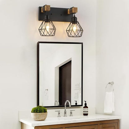 maesta 3 Light Bathroom Vanity Light, Farmhouse Black Fixture Over Mirror | Farmhouse Bathroom Light Fixtures, Wood & Metal, Anti-Rust, Easy to Install for Rustic Bathroom Hallway