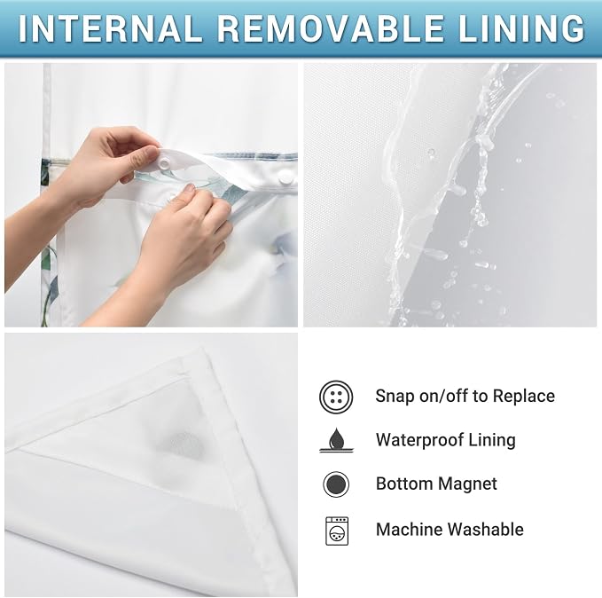 No Hook Floral Shower Curtain with Liner, Eucalyptus Green, 71x77 | Snap in Liner, 3 in 1, Water Repellent, Easy Install, Machine Washable, Hotel Style for Bathroom, Watercolor Pattern