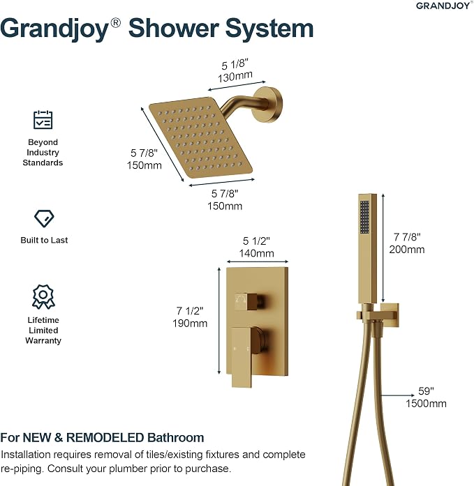 Wall Mount Shower System with Handheld Shower, Brushed Gold | 6-inch rain head, pressure-balanced brass valve, 2-function control and included 59-inch hose
