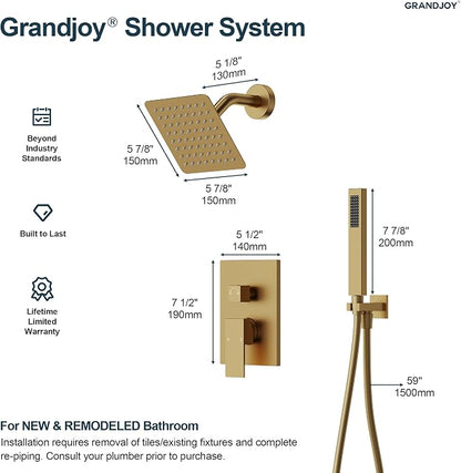 Wall Mount Shower System with Handheld Shower, Brushed Gold | 6-inch rain head, pressure-balanced brass valve, 2-function control and included 59-inch hose