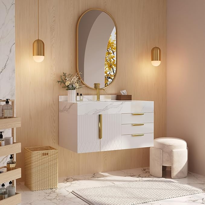 Bathroom Vanity with Sink, Modern Bathroom Vanity with Faux Marble Top, Gold Hardware & Soft-Close Drawers for Bathroom Storage (35.4 Inch, White, Single Sink & Floating)
