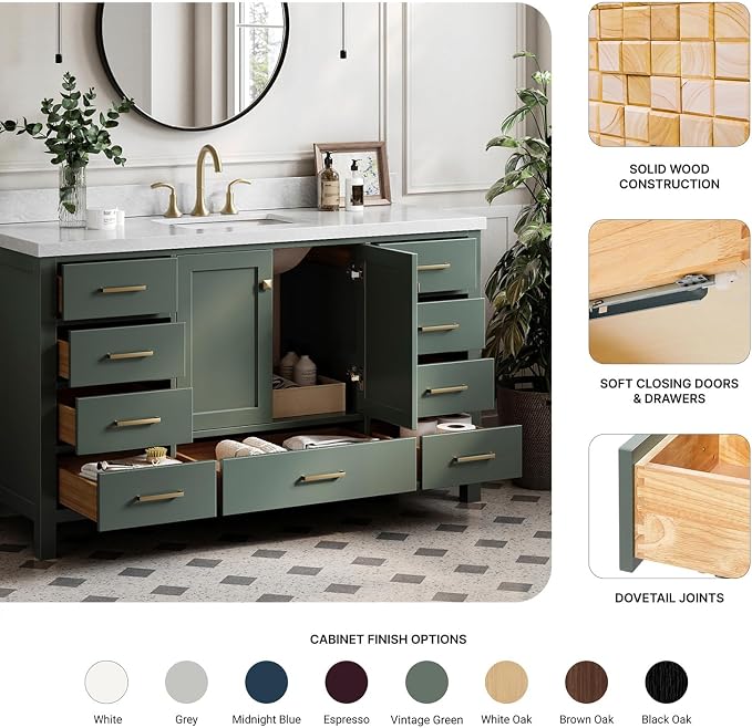 Beckford 60-inch Vintage Green Bathroom Vanity with Center Rectangle Single Sink, Italian Carrara Marble Countertop & Backsplash, Solid Wood Frame, Soft-Closing & Dovetail Drawers