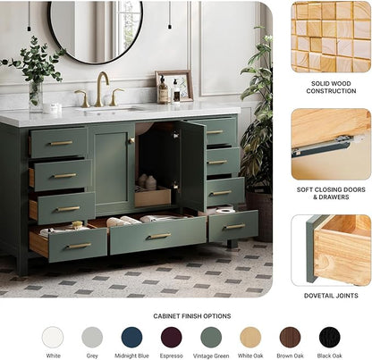 Beckford 60-inch Vintage Green Bathroom Vanity with Center Rectangle Single Sink, Italian Carrara Marble Countertop & Backsplash, Solid Wood Frame, Soft-Closing & Dovetail Drawers