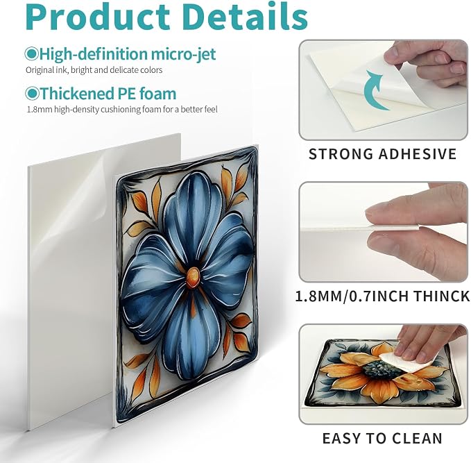Tile Decals with Vintage Flower Pattern, 6X6IN-24 Pcs | 1.6mm-Thick FOAM+PE Tiles,Strong Adhesive, Waterproof Sticker Decals for Kitchen,Bathroom,Cabinets