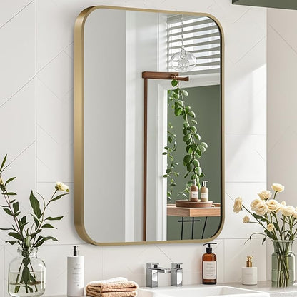 Gold Mirror, 22x30 Inch Framed Rectangle Mirror with Rounded Corner, Brushed Brass Mirror, Gold Bathroom Mirror for Over Sink, Vanity, Living Room, Bedroom, Horizontal/Vertical