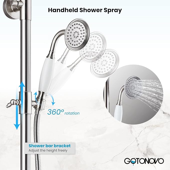 gotonovo Exposed Bathroom Shower System Two Cross Handle Brushed Nickel | Vintage Brass Tub Shower Faucet Set,8’’ Rain Head with Handheld Spray,Swivel Tub Spout,6’’ Hole Distance,Adjustable Height