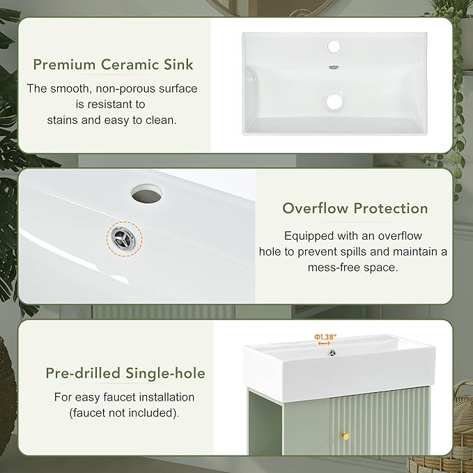 Harper & Bright Designs 21.6" Bathroom Vanity with Sink, Wall-Mounted Single Basin Vanity Set with Cabinet & Two-Tier Left Side Storage Shelf, Storage Cabinet with Ceramic Basin for Bathroom, Green