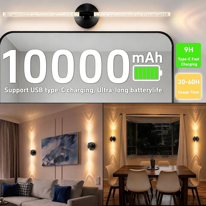 10000mAh Battery Operated Wall Sconce Lights Set of 2(Black,Bubble Crystal) | Rechargeable Wireless Wall Lights, Touch & Remote Control, 4CCT Dimmable Cordless Lamp for Bedroom Living Room Hallway 31.5in
