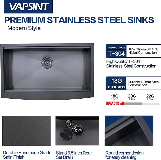 VAPSINT 33 Inch Black Farmhouse Kitchen Sink, 33x20x9 Inches Stainless Steel Undermount 16 Gauge Deep Single Bowl Apron Front Workstation Ledge Farm Sink with Accessories