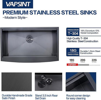 VAPSINT 33 Inch Black Farmhouse Kitchen Sink, 33x20x9 Inches Stainless Steel Undermount 16 Gauge Deep Single Bowl Apron Front Workstation Ledge Farm Sink with Accessories