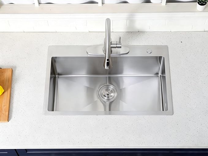 Friho 30x18 Inch Drop In Kitchen Sink, Top Mount Silver SUS304 Stainless Steel Single Bowl, 18 Gauge Handmade Sink