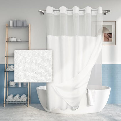 River Dream Long No Hook Slub Textured Shower Curtain with Snap-in PEVA Liner Set - 71" x 80"(78"), Hotel Style with See Through Top Window, Fabric Curtain & Waterproof Liner, White, 71x80 | Snap on/off Waterproof PEVA Liner, See Through Top Window, Sl...