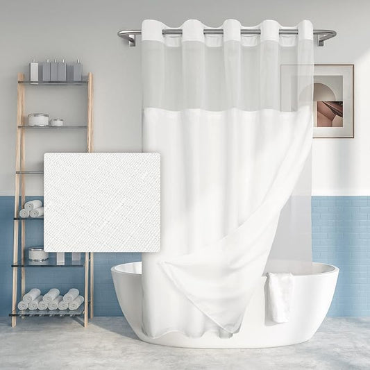 River Dream Long No Hook Slub Textured Shower Curtain with Snap-in PEVA Liner Set - 71" x 80"(78"), Hotel Style with See Through Top Window, Fabric Curtain & Waterproof Liner, White, 71x80 | Snap on/off Waterproof PEVA Liner, See Through Top Window, Sl...