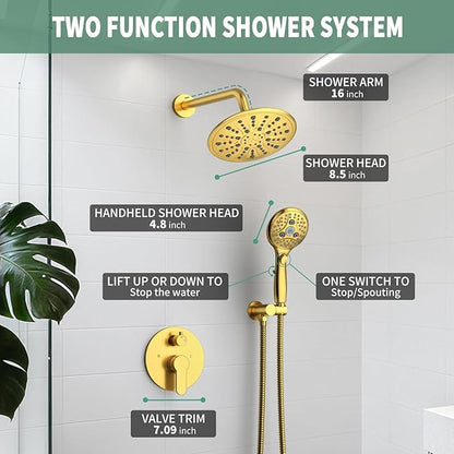 Suncleanse Gold Shower Faucet Sets - 8.5" Rain Shower Head Combo with 7-Setting handheld Spray Complete Shower System - Rainfall Shower Fixtures with Rough-in Valve and Trim Kit for Luxury Bathroom