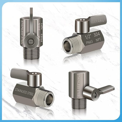 Shower Head Shut Off Valve with Long Handle Lever, 1/2" NPT Stainless Steel | 1/4-Turn Mini Ball Valve, 304 Stainless Steel, Leak-Free, Showerhead Flow Control Water Saver Regulator, Teflon Tape Included