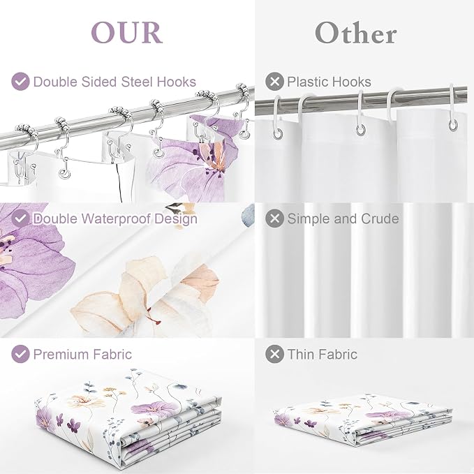 Extra Long 3 in 1 Shower Curtain Set, Purple Watercolor Floral Bath Curtain and PEVA Liner Set with 12 Double Sided Steel Hooks, Waterproof Fabric Bathroom Curtain 72x84