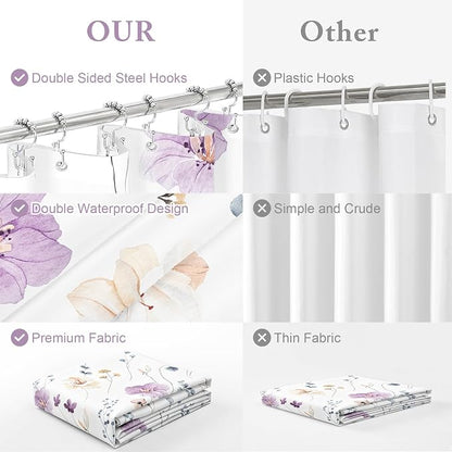 Extra Long 3 in 1 Shower Curtain Set, Purple Watercolor Floral Bath Curtain and PEVA Liner Set with 12 Double Sided Steel Hooks, Waterproof Fabric Bathroom Curtain 72x84