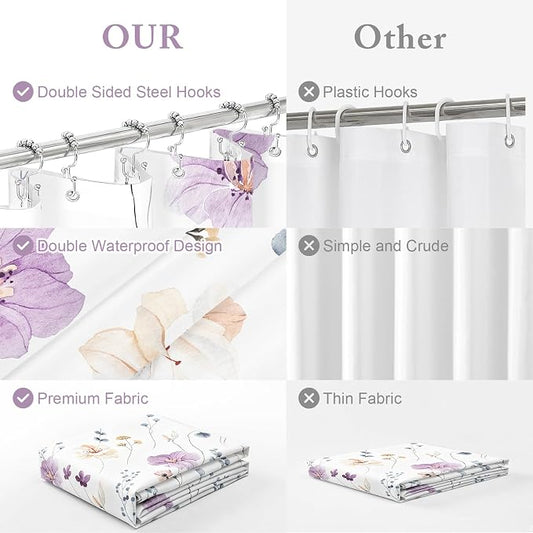 Extra Long 3 in 1 Shower Curtain Set, Purple Watercolor Floral Bath Curtain and PEVA Liner Set with 12 Double Sided Steel Hooks, Waterproof Fabric Bathroom Curtain 72x84