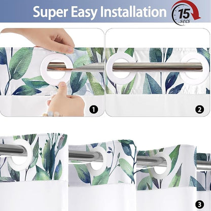 No Hook Shower Curtain and Liner Set, Green Eucalyptus 71x77 | Floral Design, with Snap in Liner, See-Through Top Window, Waterproof, Machine Washable, Quick-Drying, for Hotel Bathroom