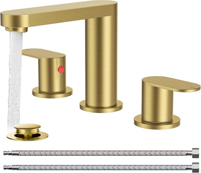 QFN Bathroom Faucet 3 Hole 8" Widespread Vanity Sink Faucet Brushed Gold | 304 Stainless Steel Bathroom Sink Faucet with Pop-up Drain, 6-12 Inch 3 Hole Install, for RV Laundry Farmhouse Restroom Sink