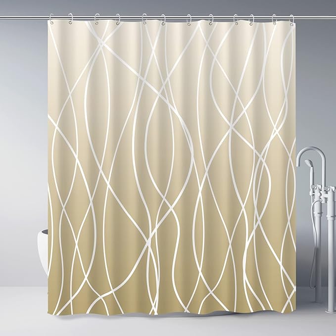 Striped Shower Curtain for Bathroom, Ombre Khaki, 72" W x 72" L | with Hooks, Modern Hotel Style, Water Repellent, Washable, Weighted Hem
