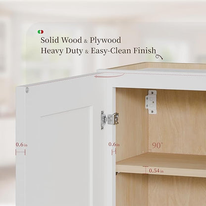 Kisart Laundry Room Cabinets Wall Mounted with Doors & Shelves, Solid Wood RTA Medicine Storage Cabinet, 24Wx36Hx12D Inch White Shaker Hanging Cupboard, Space-Saving for Kitchen, Bathroom, Garage