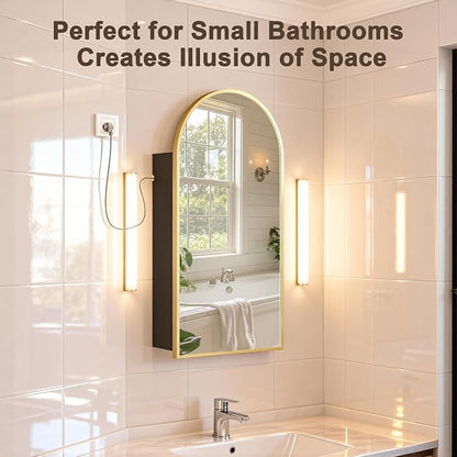 FKWin Medicine Cabinet Mirror with Power Outlet, Surface Mount, 20x34 Inch | Built-in Power Outlet, Adjustable Bathroom Storage, Reversible Left or Right Door, Surface Mount Design, Gold