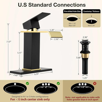 Bathroom Sink Faucet, Black and Gold Color, Waterfall Style, SUS304 Stainless Made, Single-Handle, Deck-Mount Suitable for 1-3-Hole, Drain and Supply Hoses Included