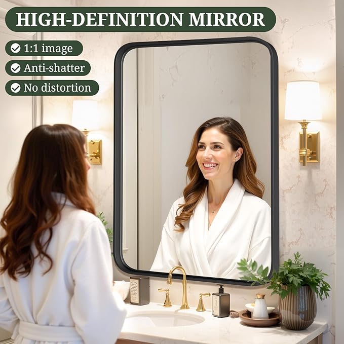 Bathroom Mirror 40x30 Inch Black Metal Frame Rectangle Vanity Mirror | Modern Wall Mounted Anti-Rust Mirror with Rounded Corners for Farmhouse, Restroom, Entryway, Horizontal or Vertical Hanging