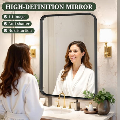 Bathroom Mirror 40x30 Inch Black Metal Frame Rectangle Vanity Mirror | Modern Wall Mounted Anti-Rust Mirror with Rounded Corners for Farmhouse, Restroom, Entryway, Horizontal or Vertical Hanging