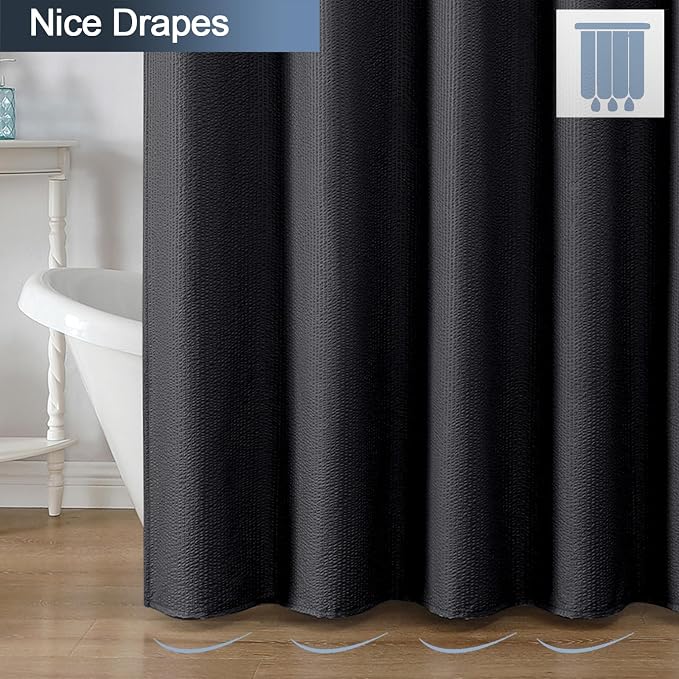 Black Shower Curtain for Bathroom 84 Inches Eatra Long, Elegant 3D Embossed Textured Cloth Waffle Shower Curtain, Modern Luxury Hotel Style, Water Repellent, Machine Washable, 72X84, Black