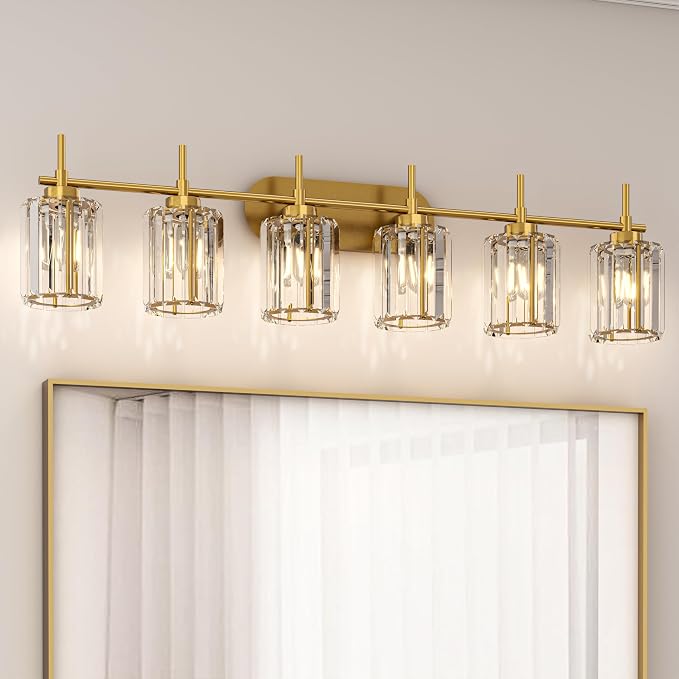 Hasipu Bathroom Vanity Light Fixtures, 6-Light Brushed Gold Vanity Wall Light Bar with Clear Glass Shade, Lighting Fixtures Over Mirror for Bathroom Bedroom Living Room Hallway Cabinet Porch | HD Clear Glass Shade, E26 Base, Color Adjustable, Up & Down...