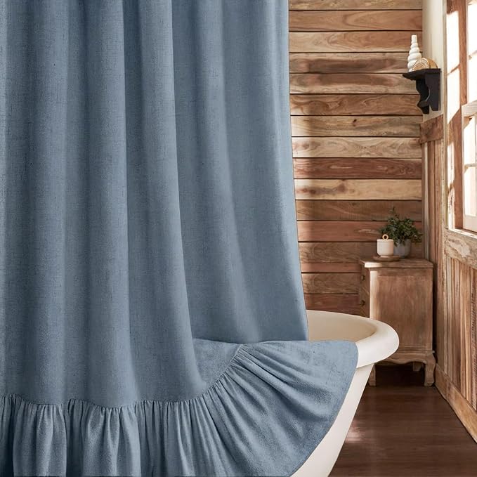Farmhouse Shower Curtain Ruffle Linen Flax Blue Grey 72" W x 72" L | Linen Fabric, Farmhouse Boho, Bottom Ruffle, Rustic, Country, Natural Look, Washable, Shower Curtain for Bathroom Bathtub