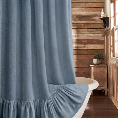 Farmhouse Shower Curtain Ruffle Linen Flax Blue Grey 72" W x 72" L | Linen Fabric, Farmhouse Boho, Bottom Ruffle, Rustic, Country, Natural Look, Washable, Shower Curtain for Bathroom Bathtub