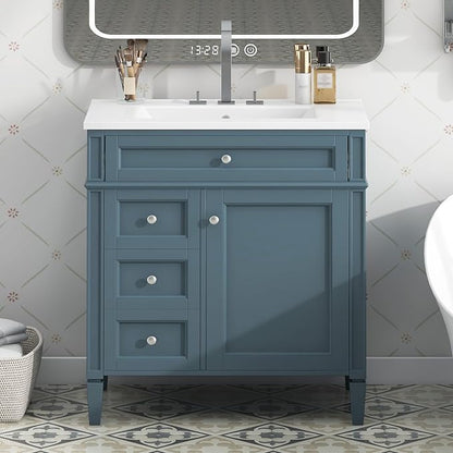 Merax 30 Inch Bathroom Vanity with Ceramic Sink, Solid Wood Frame Modern Bathroom Sink Storage Cabinet with 2 Drawers and a Tip-Out Drawer, Single Sink Bathroom Vanities, Indigo