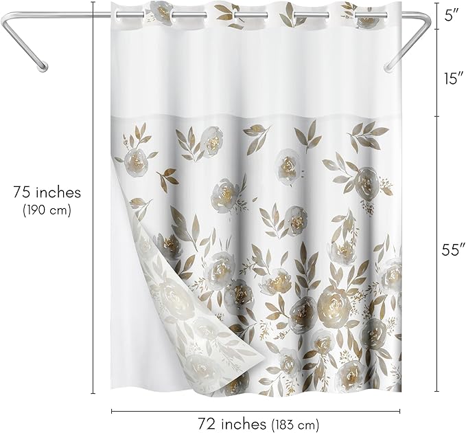 Americanflat 72x75 Hookless Shower Curtain - Water-Resistant Floral Shower Curtain with Sheer Panel, Snap-In Liner, and Grommets - 100% Polyester - Botanical Bathroom Curtains - Silver, White and Gold