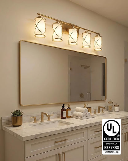 5-Light Brushed Gold Bathroom Light Fixtures Over Mirror, 38" UL-Listed Modern Wall Sconce Lights with Milk White Frosted Glass and Metal Cage for Bath, Hardwire E26, CH9176BGW-5W