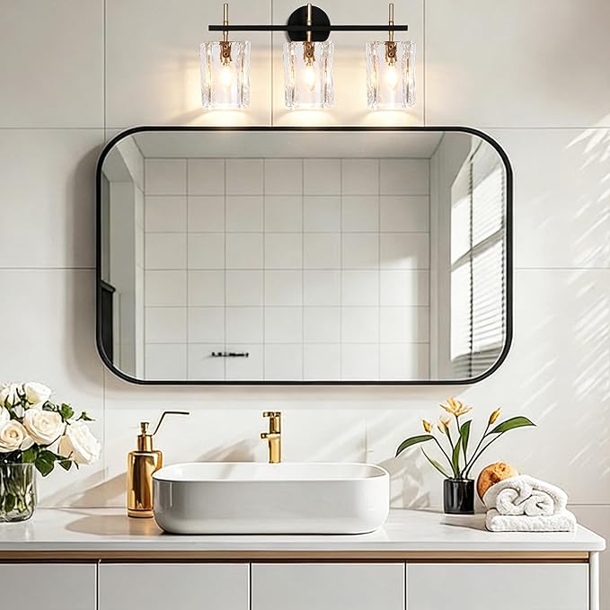 3-Light Bathroom Vanity Lights Over Mirror, Black and Gold Bathroom Light Fixture with Clear Glass Shade, Modern Bathroom Wall Sconce Lighting for Mirror, Living Room, Adjustable (E12)