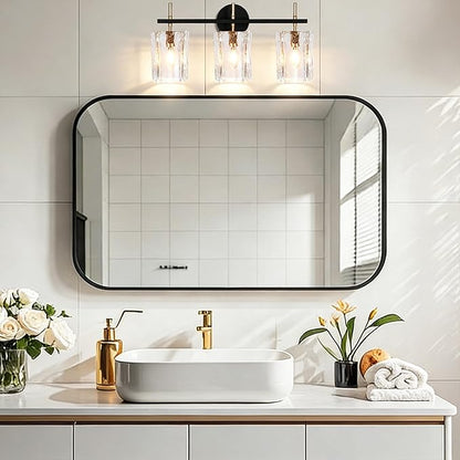 3-Light Bathroom Vanity Lights Over Mirror, Black and Gold Bathroom Light Fixture with Clear Glass Shade, Modern Bathroom Wall Sconce Lighting for Mirror, Living Room, Adjustable (E12)