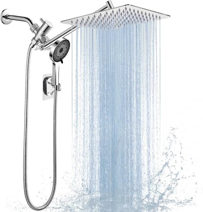 Shower Head,10”Rain Shower Head with Handheld Spray Combo with 11'' Angle Adjustable Extension Arm/Flow Regulator/Shower System,High Pressure Rainfall Shower Head Clean Bathroom,Matt Black