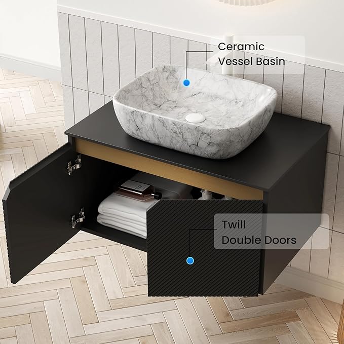 Floating Bathroom Vanity with Sink, 30" Bathroom Storage Cabinet with Sintered Stone Countertop & Marble-Pattern Ceramic Basin, Modern Wall-Mounted Vanity with 2 Twill Pattern Doors, Black