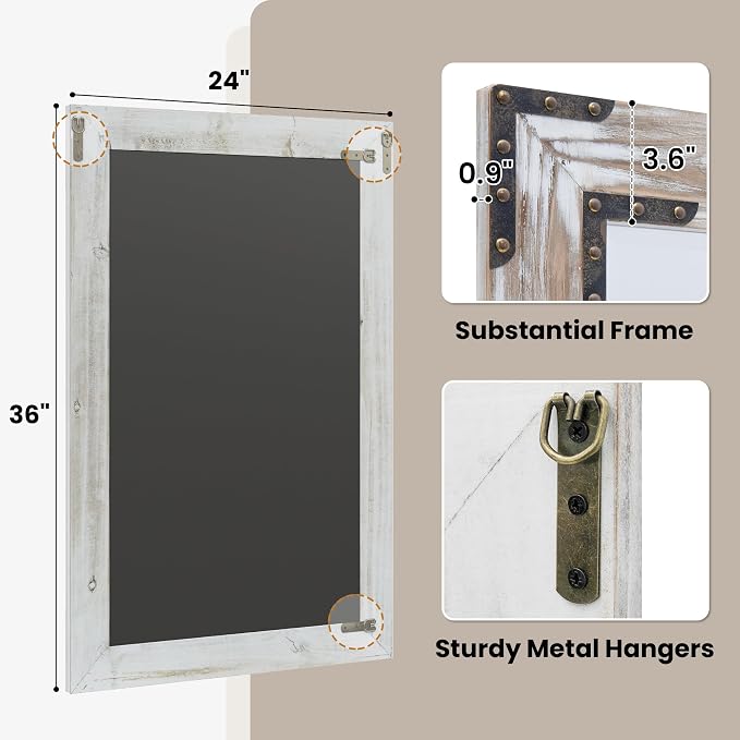 Distressed White 24x36 Inch Wood Bathroom Vanity Mirror, Rivets | Farmhouse style, beveled glass edge, layered whitewashed grain, single-sink bathrooms, dressers and entry consoles