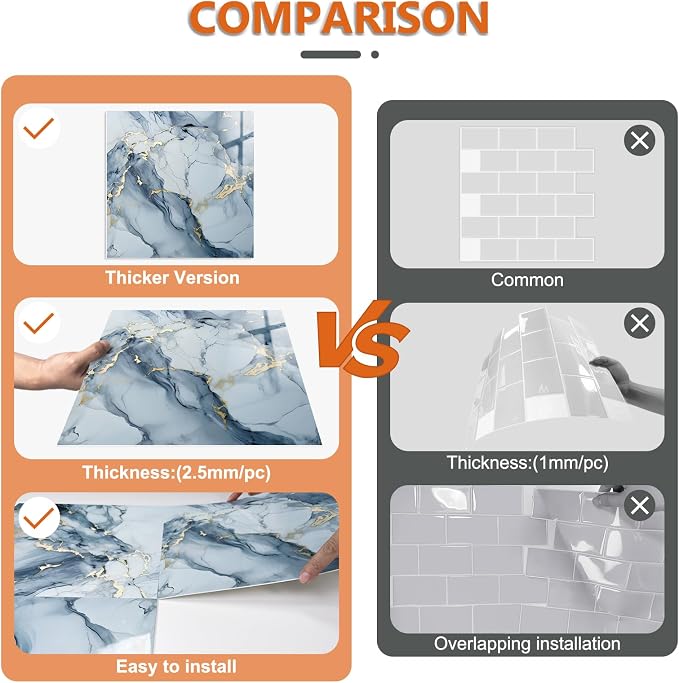 10 Sheets Marble Peel and Stick Backsplash Tile, 12"x12" Waterproof PVC Self Adhesive Tile Shower Wall Panels for Bathroom, Kitchen, Living Room (Metallic Blue) | Adhesive tiles kitchen bathroom PVC tiles self-adhesive kitchen back wall tiles self-adhe...