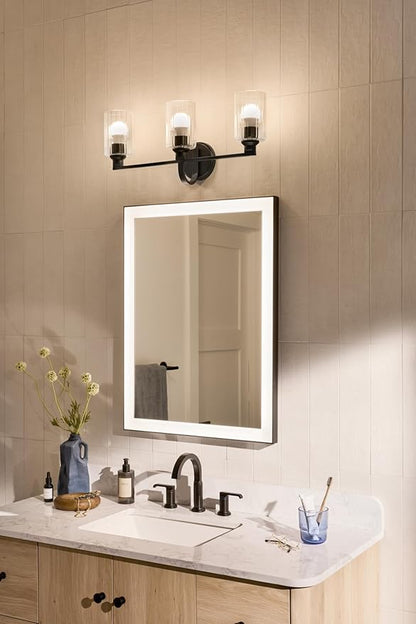 Kichler Gioe 24.25" 3-Light Vanity Light with Clear Fluted Glass in Black, Damp Rated, for Bathroom, Powder Room, Over a Mirror, (24.25" W x 10.5" H), 55226BKFLU
