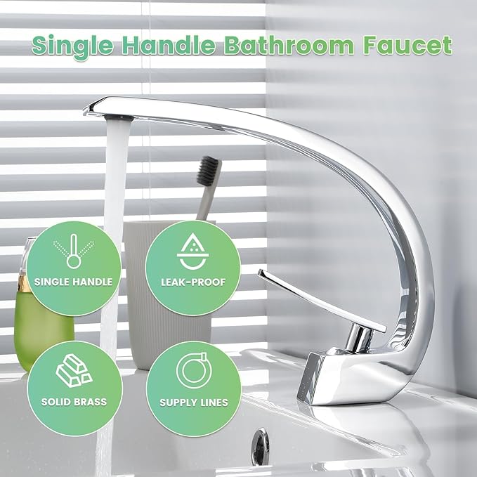 Bathroom Sink Faucet Modern Single Hole 1-Handle Faucet, Chrome Solid Brass Faucets, Mount Curved Lavatory Faucets Mixer Tap