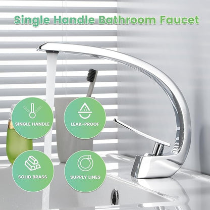 Bathroom Sink Faucet Modern Single Hole 1-Handle Faucet, Chrome Solid Brass Faucets, Mount Curved Lavatory Faucets Mixer Tap