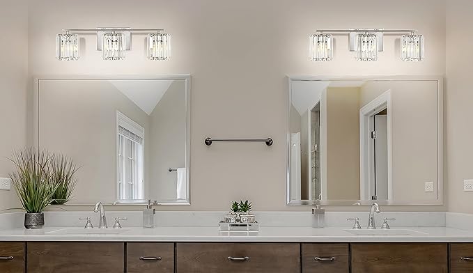 JONATHAN Y 4.75" Chrome 3-Light Vintage Glam LED Vanity Light Wall Sconce Fixture with Clear Crystal Prism Shade, Hardwired Wall Lamp for Bathroom Mirror Hallway, LED Bulb Included (JYL3554A)